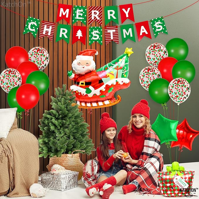 KatchOn, Merry Christmas Decorations Indoor - Huge, Pack of 25 | Merry Christmas Banner, Santa Balloon, Star Balloons for Holiday Decorations | Xmas Balloons for Xmas Decoration