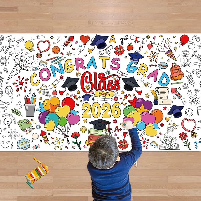 OHOME Graduation Giant Coloring Poster/Tablecloth - Kindergarten Graduation Gifts - 30 x 72 Inches Jumbo Coloring Banner Kids Crafts Games,Kindergarten Graduation Decorations for 5th Grade Preschool