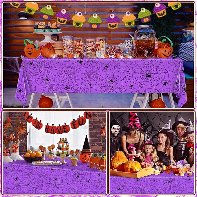 3Pcs Halloween Tablecloth - Spider Web Table Cloth, Plastic Disposable for Party Decorations 54" x 108" (Purple)