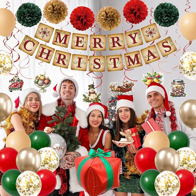 Roetyce Christmas Party Decorations, Vintage Merry Christmas Banner Balloons Hanging Swirls Kit Indoor Outdoor, Funny Home Xmas Party Supplies Photo Backdrop Background