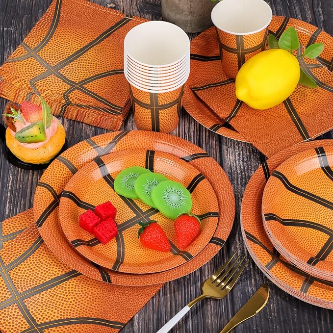 durony 96 Pieces Basketball Party Supplies Birthday Party Tableware Including Paper Plates, Cups, Napkins for Basketball Birthday Party, Serves 24 Guests