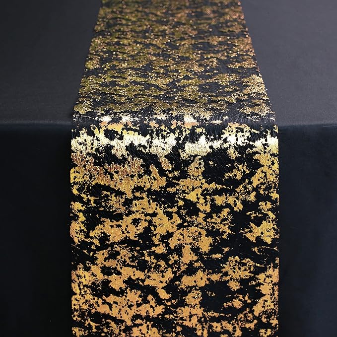 Snowkingdom Black and Gold Table Runner 49 Feet 588 inches Golden Metallic Centerpieces Foil Runners Party Decorations Glitter for Birthday Shower Wedding Retirement Christmas Thanksgiving Graduation