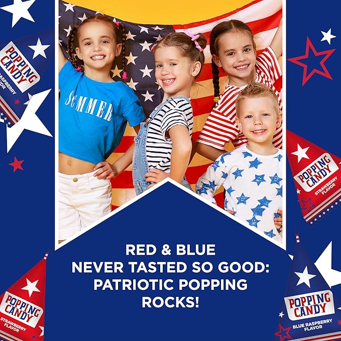 PartyWorks Patriotic Candy - 40 Count Bag - Popping Rocks Pouches - 4th of July Candies - Strawberry, Blue Raspberry Flavors - Individually Wrapped Triangles