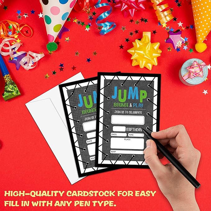 Jump Birthday Party Invitation, Bounce House Themed Fill-In Invites, 20 Invitations With Envelopes for Adults Men & Women (4" X 6"), Trampoline Party Favors Decorations and Supplies -44