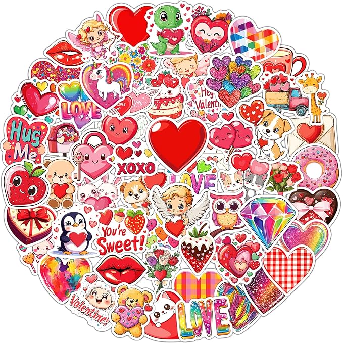 100 PCS Valentines Stickers for Kids, Bulk Heart Stickers for Valentines Day Gifts for Kids Classroom School Exchange, Vinyl Decals, Crafts, Party Favors, Goodie Bags Decorations