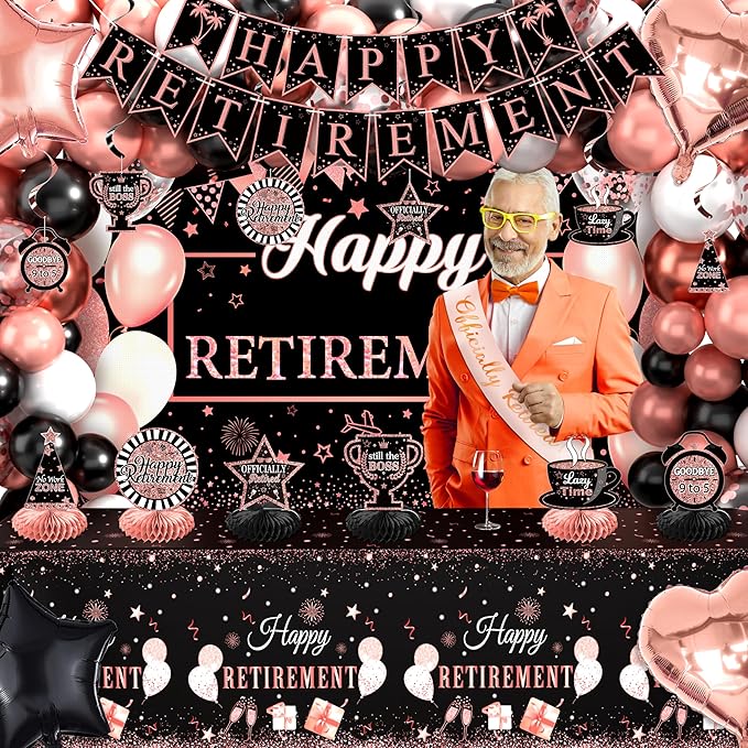 Retirement Party Decorations for Women 109Pcs Rose Gold Black Happy Retirement Decorations Retired Banner Backdrop Balloons Sash Hanging Swirls Pompoms Tablecloth Honeycomb Centerpiece(Rose Gold)