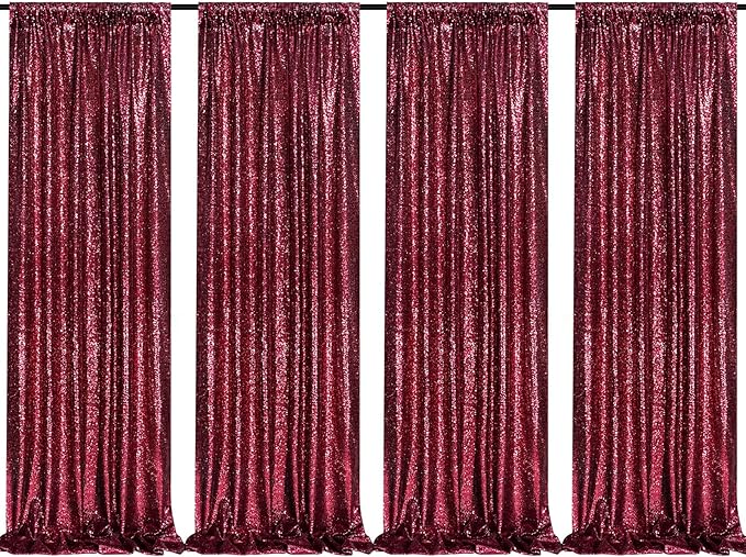 QueenDream Burgundy Red Sequin Backdrop for Wedding - Sequin Curtains 4 Panels 2x8FT Glitter Drapes Fabric for Sparkly Birthday Party Valentine's Day Decorations