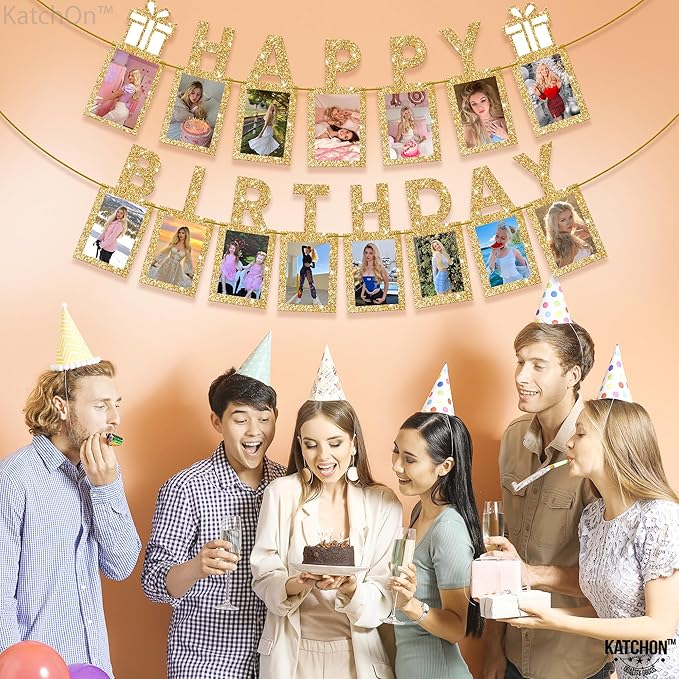 KatchOn, Glitter Gold Happy Birthday Banner - Big 10 Feet, Preassembled | Gold Happy Birthday Picture Banner for Happy Birthday Decorations | Gold Party Decorations