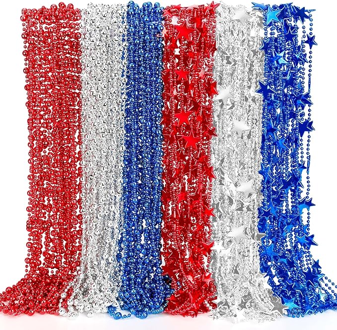 100PCS 4th of July Necklace, 6 Kinds Patriotic Fourth of July Beads Necklace Bulk, Independence Day Red Blue White Stars Round Beads, Patriotic Bulk for Parade Party Celebration Favors