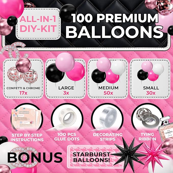 ALL-IN-1 Pink and Black Balloons Arch Kit with BONUS Starburst Balloons – Pink Black and White Balloons for Hot Pink and Black Party Decorations for Birthday, Boss Baby, Mean Girls, Barbie, Minnie