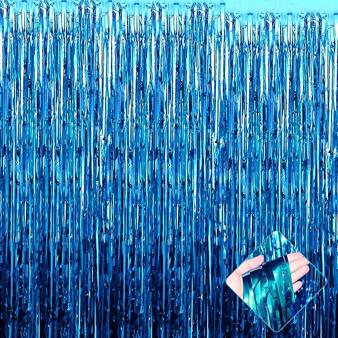 4 Pack 3.3Ft x 6.6Ft Lake Blue Foil Fringe Curtain Backdrop, Metallic Tinsel Foil Fringe Streamers Curtains Background for Photo Booth, Birthday, Wedding, Halloween, Christmas Party Decoration