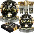 Black and Gold Happy Birthday Party Plates Set, 168PCS Balloons Cake Fireworks Paper Plates Napkins Cups and Gold Cutlery Set, 24 Set Disposable Tableware Set for Birthday Party Decorations