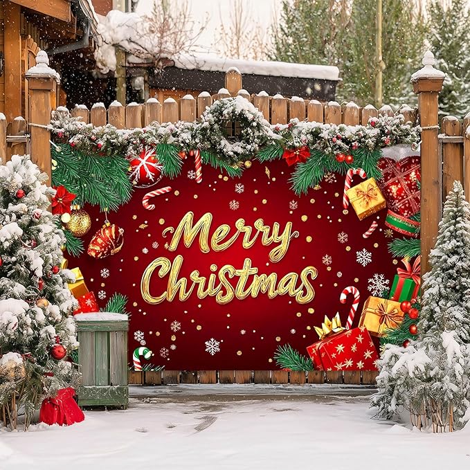 Merry Christmas Banner Red Gold Gifts Snowflakes Candy Canes 71x43 Inch Holiday Decorations for Indoor Outdoor Party Supplies Xmas Home Decor Festive Backdrop Celebration