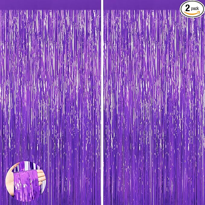 2Pack Purple Backdrop Metallic Tinsel Streamers Foil Fringe Backdrop Halloween Party Decorations Curtain Photo Booth Props Wedding Birthday Graduation Bachelorette Xmas New Year Party Decors