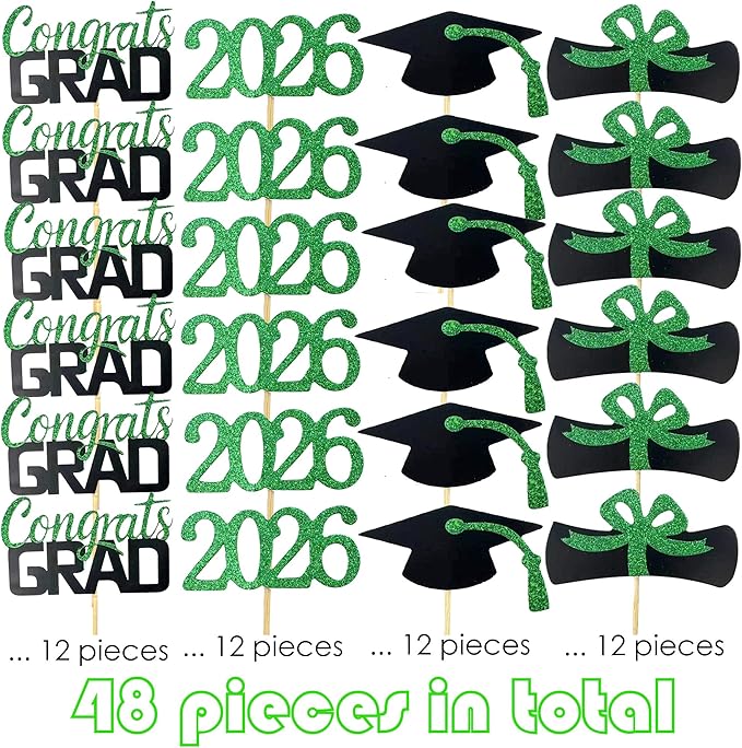 2026 Graduation Cupcake Toppers, 48 PCS Food/Appetizer Picks For Graduation Party Mini Cake Decorations, Diploma, 2026, Grad Cap Set 48 Pieces (04 Green)