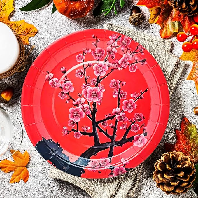 50Pcs Chinese New Year Party Supplies Chinese Japanese Cherry Paper Plates 7"Cherry Blossom Dessert Plates Flowers Plates for Birthday Wedding Chinese New Year Spring Festival Decorations (Red)