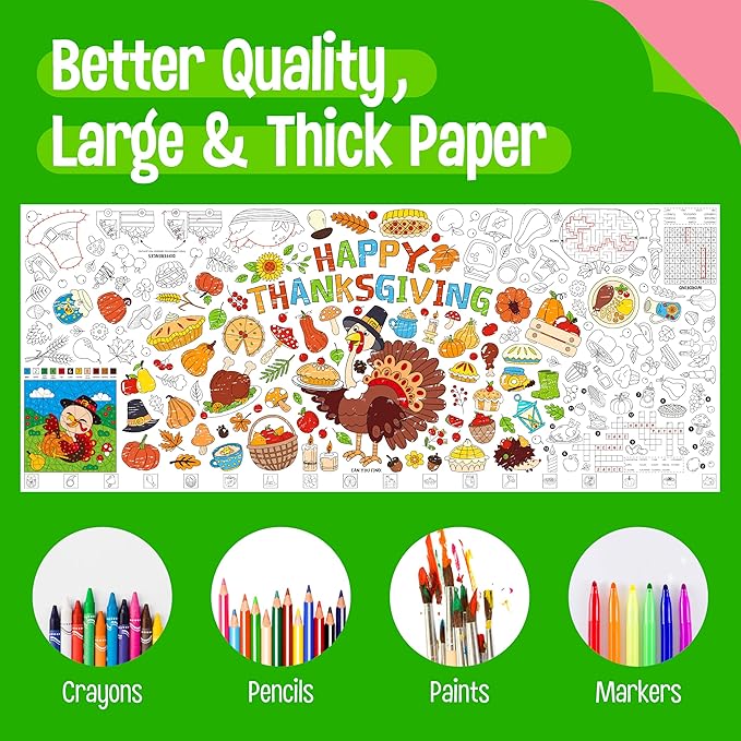 Thanksgiving Coloring Poster, Large Coloring Activity Paper 75” x 31” Jumbo Size Versatile Paper DIY Painting Drawing Banner/Tablecloth for School, Autumn Theme Parties, Wall Decor
