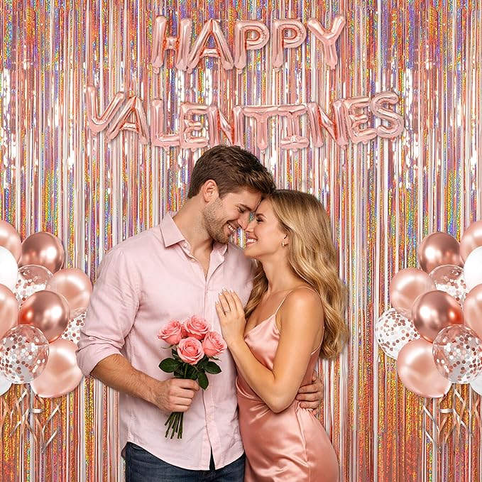Foil Fringe Backdrop, Melsan 2 Pack 3.2 ft x 8.2 ft Tinsel Foil Fringe Curtains, Sparkle Fringe Curtains for Bachelorette Party Decorations Photo Background Decoration, Rose Gold