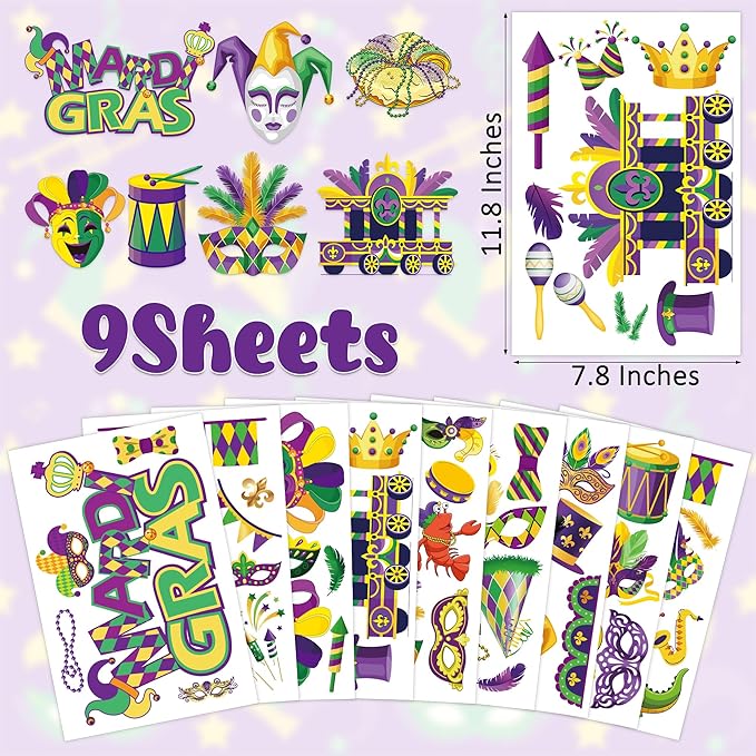 9 Sheets Mardi Gras Window Clings, 11.8 × 7.8 Inches Mardi Gras Decorations, Purple, Gold and Green Window Decals, Double-Sided Carnival Sticker Decor for New Orleans Carnival Holiday Party Supplies