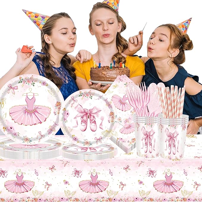 193Pcs Ballerina Birthday Party Decorations for 24 - Ballet Party Tableware Set with 7&9in Plates, Napkins, Cutlery Set, Tablecloth | Disposable Dance Party Supplies for Girls
