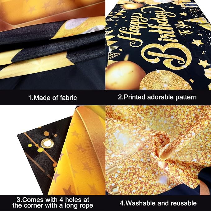 KatchOn, Black and Gold Happy Birthday Banner Sign - XtraLarge, 72x44 Inch | Black and Gold Backdrop Banner for Happy Birthday Decorations | Party Decorations for Men and Women