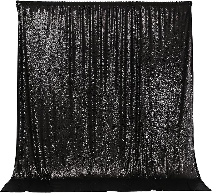 PartyDelight Black Sequin Backdrop 8x8ft - High Density 3mm Shimmer Sequin Background with 4-Inch Rod Pocket, Sparkly Photography Curtain for Wedding, Gala, Studio & Large Event Decoration