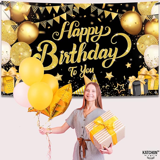 KatchOn, Black and Gold Happy Birthday Banner Sign - XtraLarge, 72x44 Inch | Black and Gold Backdrop Banner for Happy Birthday Decorations | Party Decorations for Men and Women