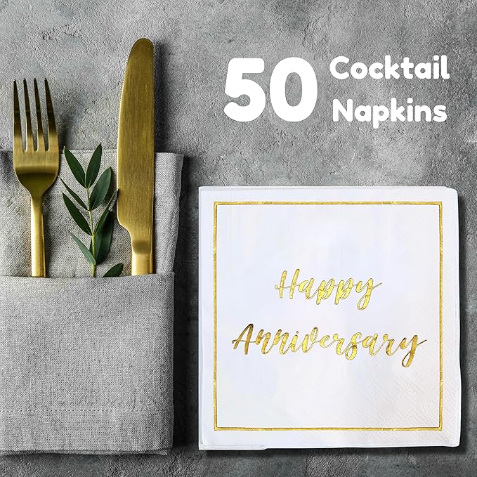Happy Anniversary Decorations, 50 Pack, Gold Foil Cocktail Napkins, Wedding Dating Anniversaries Decorations Decor Supplies, Beverage Napkin