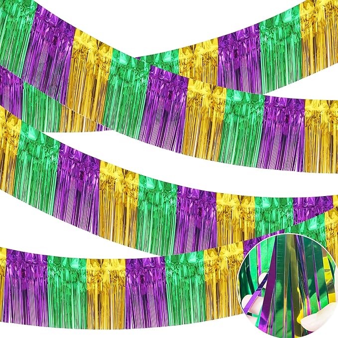 4 Packs Total 39 Ft Mardi Gras Parade Floats for Trailer Car, Green Gold Purple Foil Fringe Garland Tinsel Streamers Banner Table Skirts for Halloween Graduation Homecoming Birthday Party Decor
