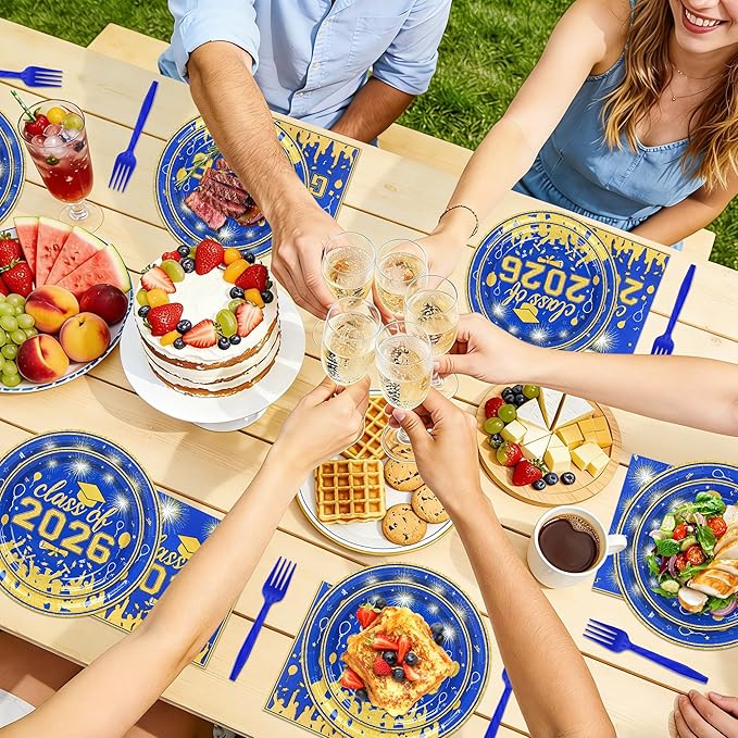 100 Pcs Graduation Plates and Napkins Party Supplies Set,Serves 25 Guests Blue Gold 2026 Graduation Plates and Napkins,Disposable Paper Tableware Set for Graduation Party Decorations