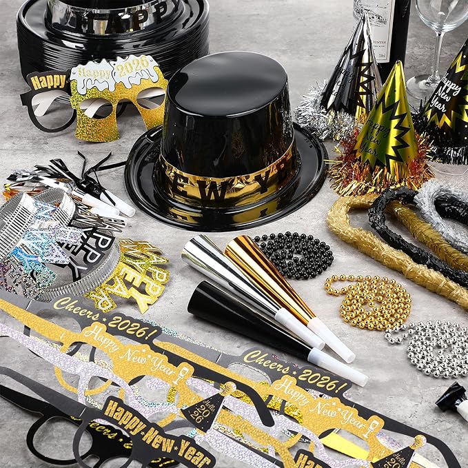402 Pcs 2026 New Year's Eve Party Supplies for 100 Guests Includes Top Hats Cone Hats Tiaras Glasses Horns Squawkers Blowouts Bead Necklaces Lei Necklace Happy New Year