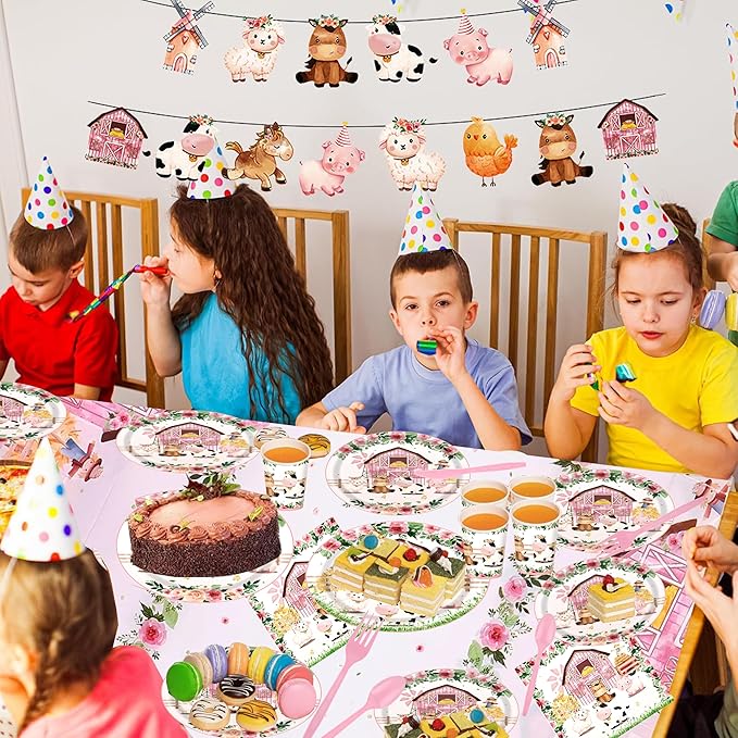 194Pcs Farm Animals Party Supplies Tableware Set for 24 Guests, Cute Watercolor Farm Theme Birthday/Baby Shower Includes Tablecloths, Plates, Cutlery, Banner - Barn Animal Party Decorations