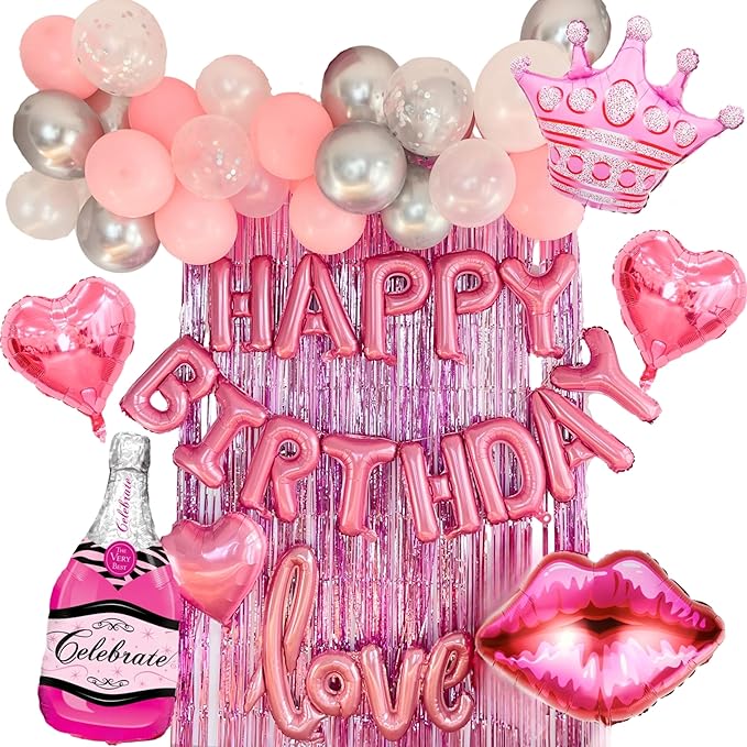 Vidal Crafts Pink Birthday Decorations – 71-Piece Happy Birthday Decorations with Latex, Foil & Confetti Balloons, Happy Birthday Banner & Foil Fringe Curtains for Fun Birthday Parties
