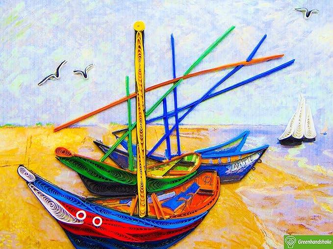 Van Gogh Fishing Boats on the Beach (1888), Quilling Art Greeting Card - Design Greeting Card for Birthday, Valentine's Day, Mothers Day, Spring, Fathers Day, Graduation, Wedding, Anniversary, Thank You, Get Well, All Occasion. Framable Artwork for Art...
