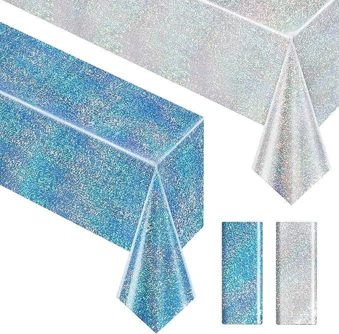 Sparkling Holographic Laser Tablecloth - Shimmering, Waterproof, Easy to Clean - Ideal for Bachelorette, Birthday, Wedding, and Anniversary Party Decorations (Light Blue & Silver, 2)