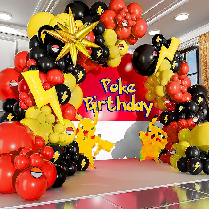 ALL-IN-1 Cartoon Balloon Arch Kit with BONUS Thunder & Starburst Balloons for Poke Birthday Decorations - Red Black Yellow Balloons for Poke Cartoon Birthday Decorations & Video Game Party Supplies