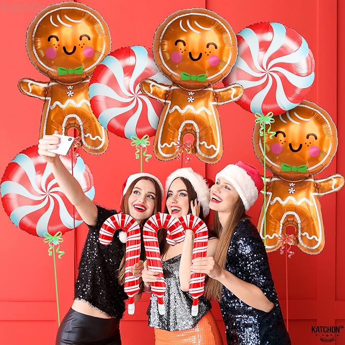 KatchOn, Gingerbread Balloons and Candy Cane Balloon - 32 Inch, Pack of 9 | Christmas Balloons for Gingerbread Christmas Decorations Indoor