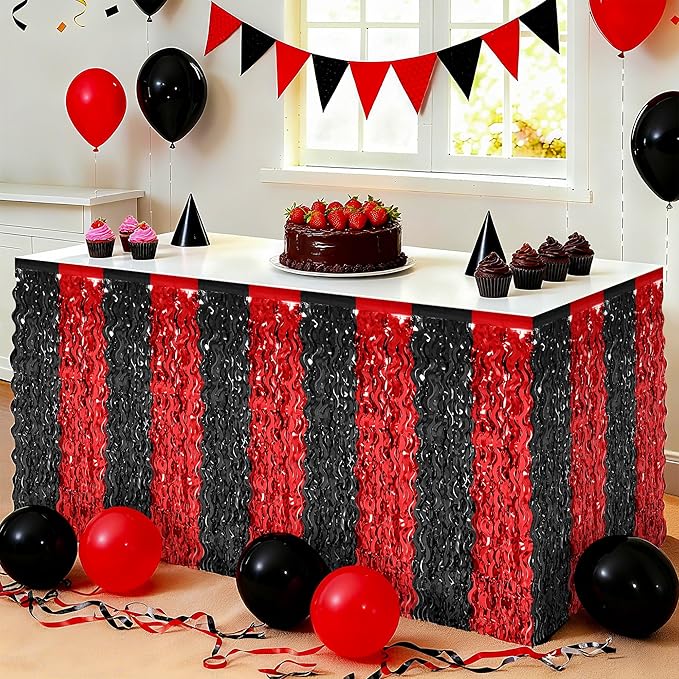 2 Pack Desk Skirt, Black Red Desk Grass Skirt for Table, Halloween Metallic Wavy Tinsel Foil Fringe Table Skirts, Foil Table Skirt for Halloween Graduations Birthday Indoor Party Decorations