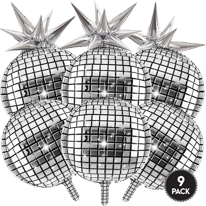 Inflatable Disco Ball Balloons Pack of 9-22” Silver Mylar Foil Disco Party Balloons with Star Balloons, Ribbon & Pipe for New Year's Disco Ball Decorations Party, Bachelorette, Birthday Décor