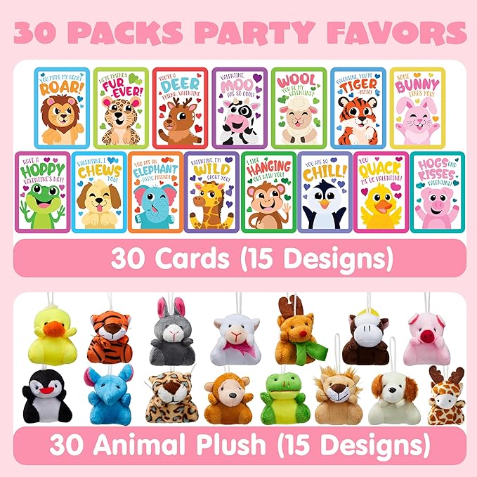 JOYIN 30 Packs Valentine's Day Gifts Cards with Plush Toy for Kids, Valentine's Plush Keychain Toy for Classroom Exchange Cards and Party Favor, Greeting Gifts, Game Prizes