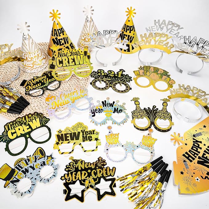 HOWAF 36 Pcs New Year Eve Party Supplies 2026, New Years Hats Headband Cone Hats Glitter Paper Eyeglasses Noise Makers White Gold New Years Decorations 2026 for NYE Party Favor Accessories
