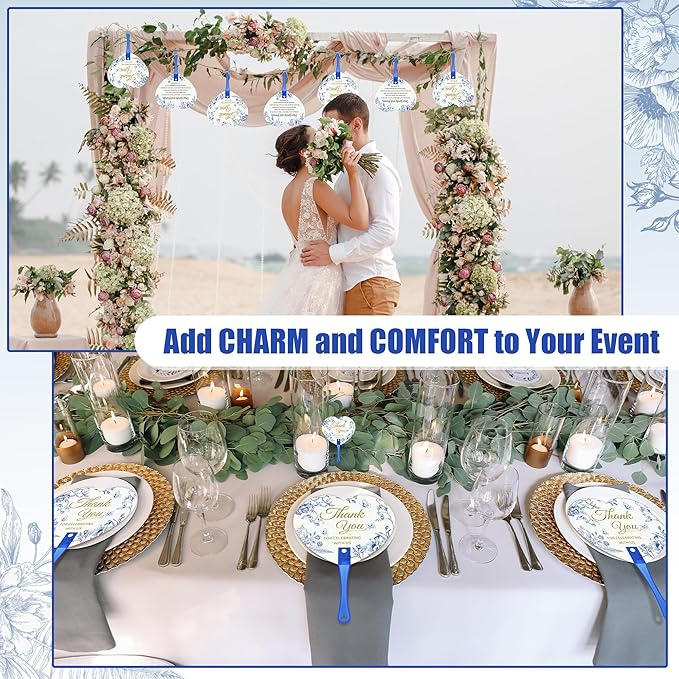 Aneco 120 Pieces Wedding Hand Plastic Fans with Wedding Table Sign Handheld Plastic Fan with Handle for Guests Bulk Wedding Hand Fans for Wedding Ceremony Bridal Shower, Blue Floral