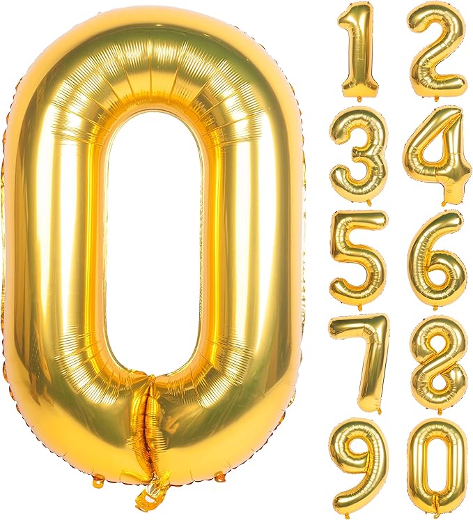 40 Inch Large Gold Number Balloons 0 Aluminum Foil Mylar Big Number Balloons 0-9 Suitable for Gold Birthday Parties, Weddings and Anniversary Photography