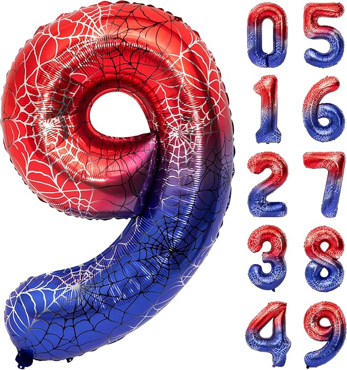 40 Inch Red and Blue Spider Theme Large Number 9 Balloon Giant Foil Birthday Balloons for Spider Theme Party Boy or Girl 9 th Birthday Wedding Anniversary Baby Shower Party Decorations