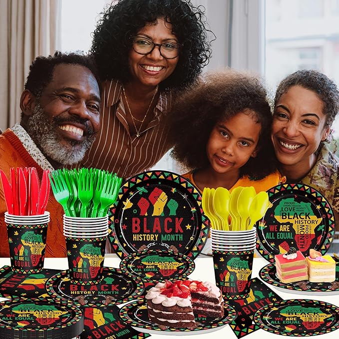 168pcs Black History Month Decorations Plates Napkins Disposable Paper Cups Tableware Set Black History Month Party Supplies for African American Festival Decor Serve 24 Guests
