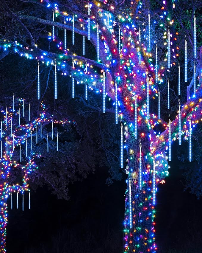iBaycon 20 Tubes 480 LED Meteor Shower Rain Lights, 11.8 inches Cascading Icicle Lights Waterproof Outdoor, Connectable Falling Raindrop Lights with Timer for Holiday Party Christmas Decorations