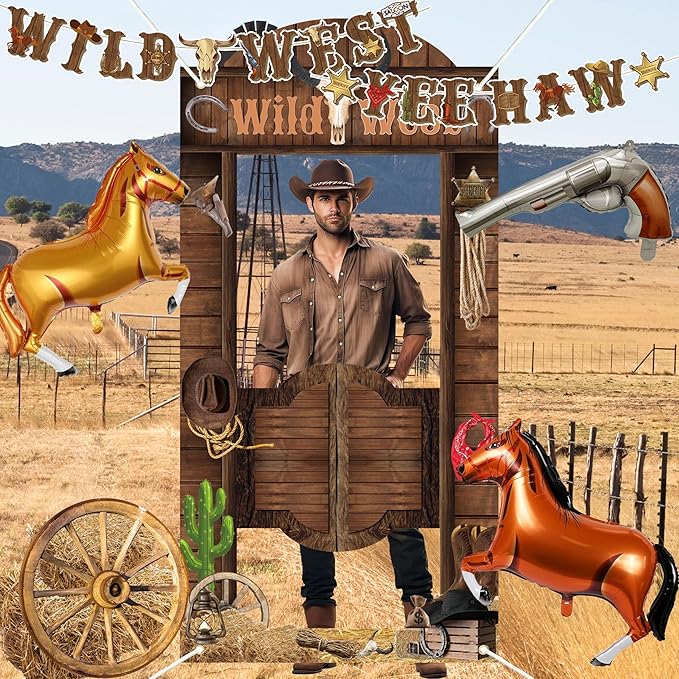 Western Party Decorations For Boys, Cowboy Rodeo Party Supplies,Wild West Banner,Photo Booth Props,Horse Foil Balloon for Men