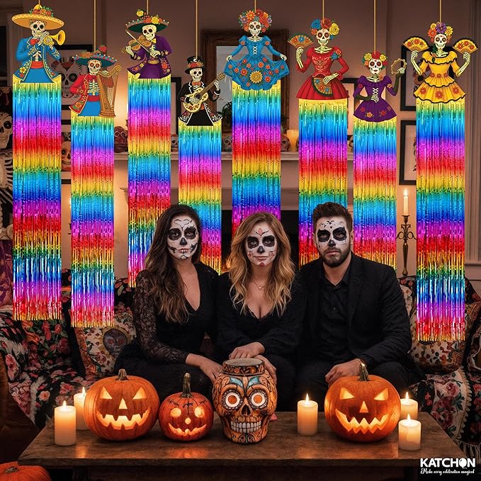 KatchOn, Halloween Fringe Curtain with Skeleton Cutouts – Pack of 8 | Day of Dead Hanging Decorations Indoor | Halloween Decorations Indoor for Fringe Backdrop | Day of The Dead Backdrop