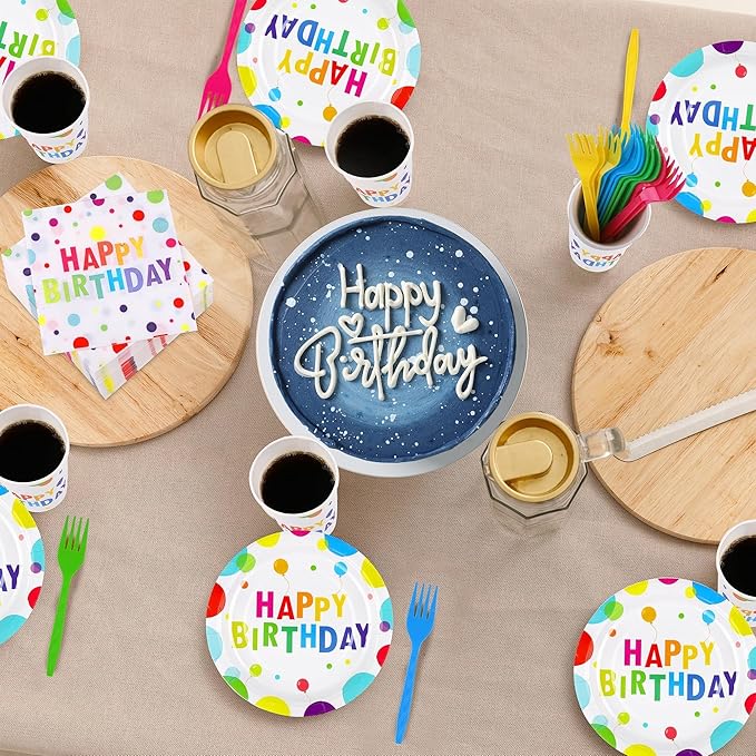 Kochorie 144 Pieces Happy Birthday Print Party Decorations Including Disposable Plates Napkins Cups Forks Tableware Sets Serves 24 for Birthday Party Supplies