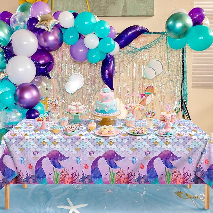 Kochorie 2 Pieces Mermaid Party Tablecloth Plastic Mermaid Party Supplies Disposable Rectangle Tablecloths for Under The Sea Ocean Themed Birthday Parties Decorations Supplies